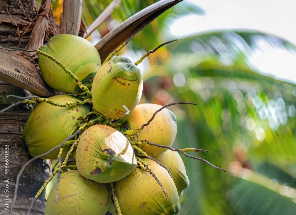 Coconut grows on a tree in the harvest garden on everning sun flare. AI Generated. Coconut grows on a tree in the harvest garden on everning sun flare. AI Generated.