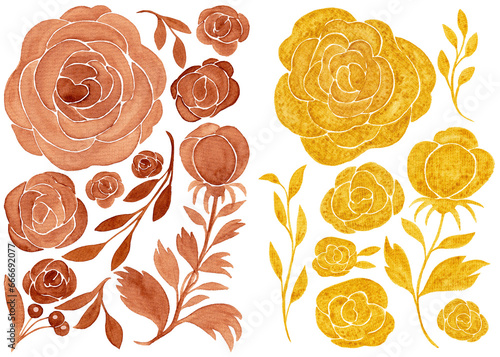 Watercolor set of yellow and brown rose buds and leaves. Branches of flower bushes. Umber and aureolin. Autumn tones. Clip art isolated illustrations, decorative elements for your design photo