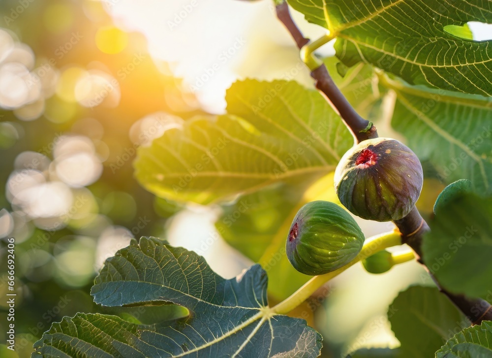 Obraz premium Fig grows on a tree in the harvest garden on evernig sun flare with copy space. AI Generated.