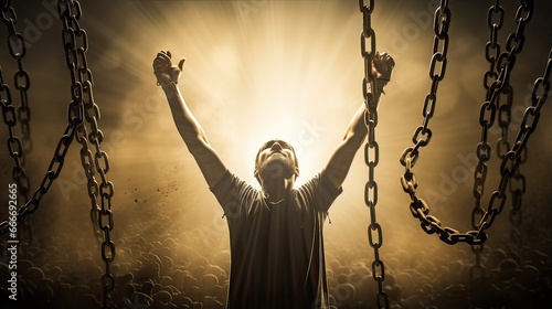 Man hands raised up in the air having chains and do worship