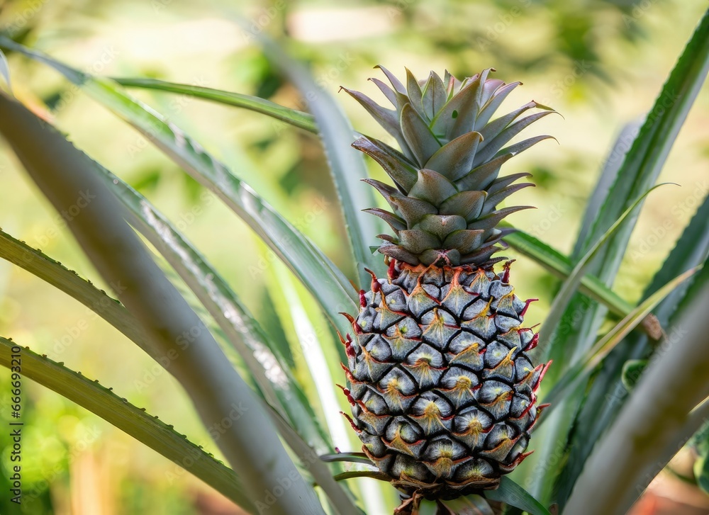pineapple grows on a tree in the harvest garden on everning sun flare, blur bokeh background. AI Generated. pineapple grows on a tree in the harvest garden on everning sun flare, blur bokeh background. AI Generated.