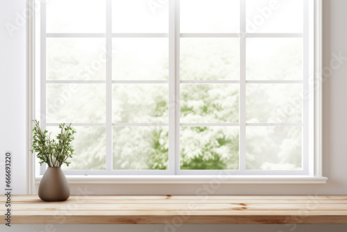 Empty wooden table top, flowers and big window in white interior. Background, mock up, template for montage product display.