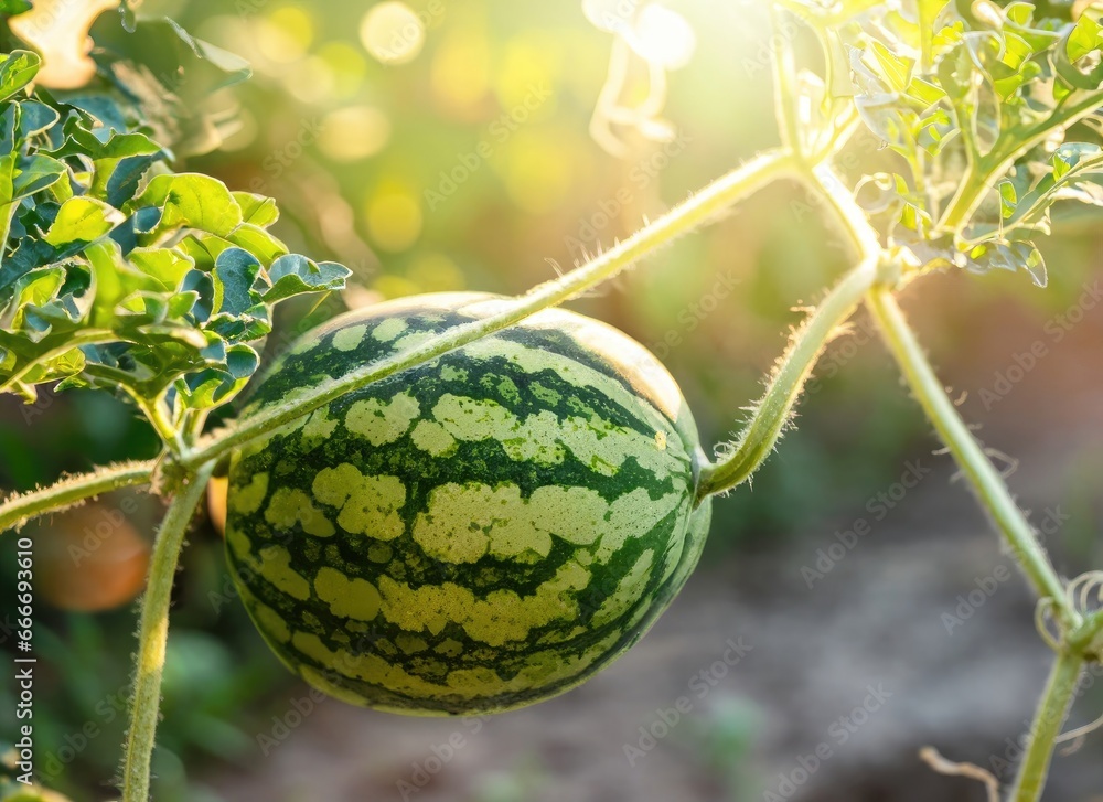 watermelon grows on a tree in the harvest garden on everning sun flare. AI Generated. watermelon grows on a tree in the harvest garden on everning sun flare. AI Generated.