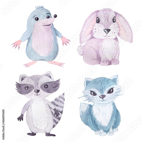 Watercolor hand painted cute baby animals clipart photo