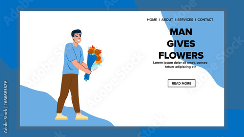 love man gives flowers vector. girlfriend couple, happiness roce, boyfriend giving love man gives flowers web flat cartoon illustration
