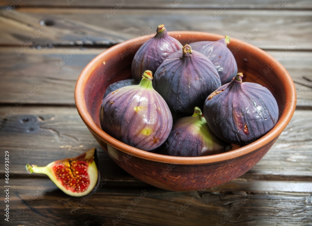 Fototapeta premium Fresh ripe figs and fig sliced in half on plate. AI Generated.