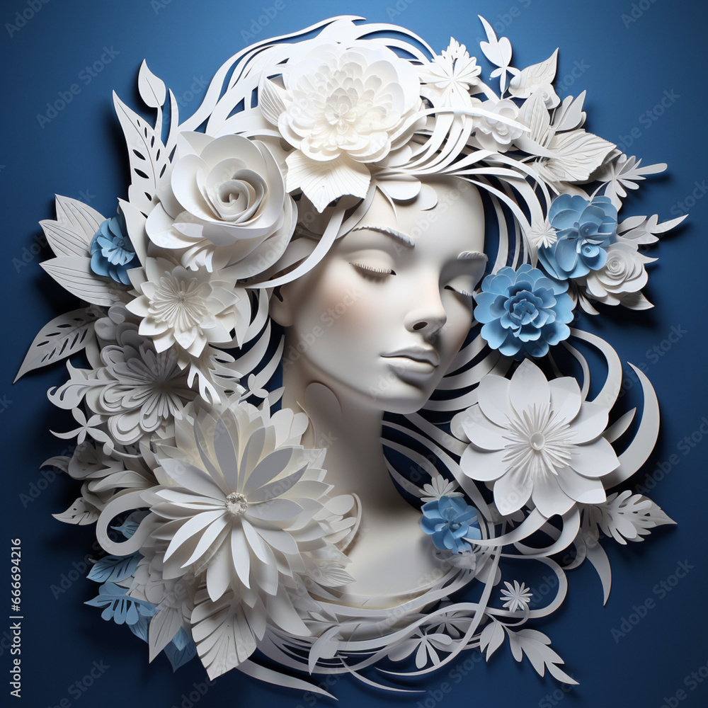 portrait of a beautiful girl,hair decorated with openwork flowers cut out of paper, portrait of a beautiful girl,hair decorated with openwork flowers cut out of paper,