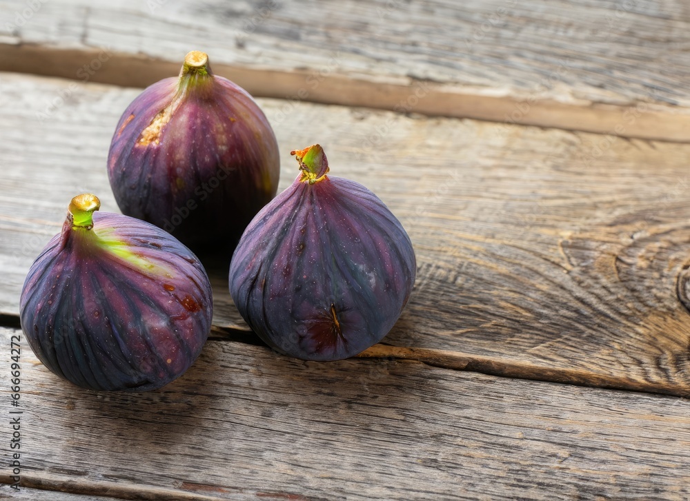 Obraz premium A few figs on an old wooden background with copy space. AI Generated.