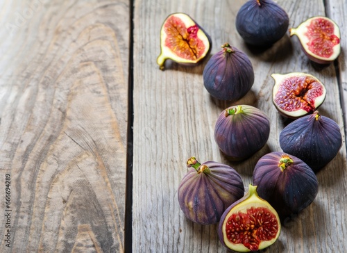 A few figs on an old wooden background with copy space. AI Generated.