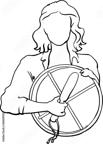 The girl is holding a tambourine and a hammer. Linear quick sketch without a face. Vector image of a person with a line. For printing advertisements, posters, business cards, banners. 