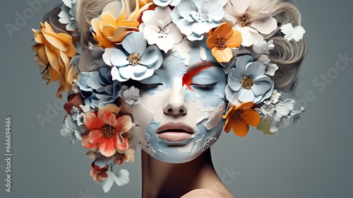 An abstract collage portrait of a young woman wearing flowers on her face that cover her eyes.