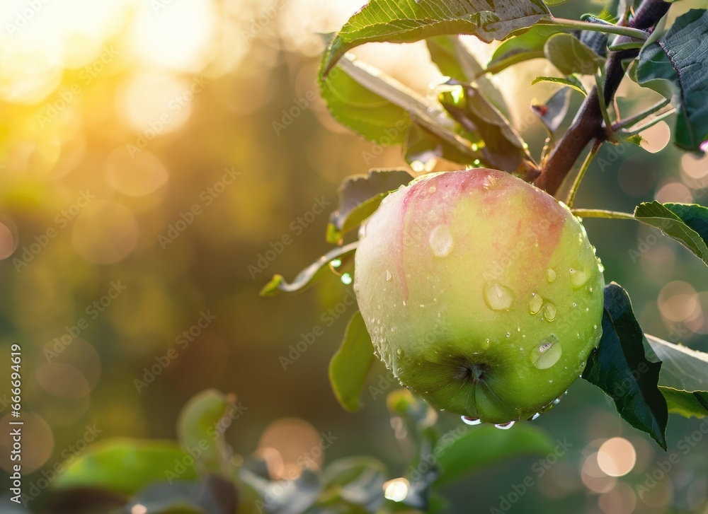 apple grows on a tree in the harvest garden on everning sun flare with rainy day. copy space background. AI Generated. apple grows on a tree in the harvest garden on everning sun flare with rainy day. copy space background. AI Generated.