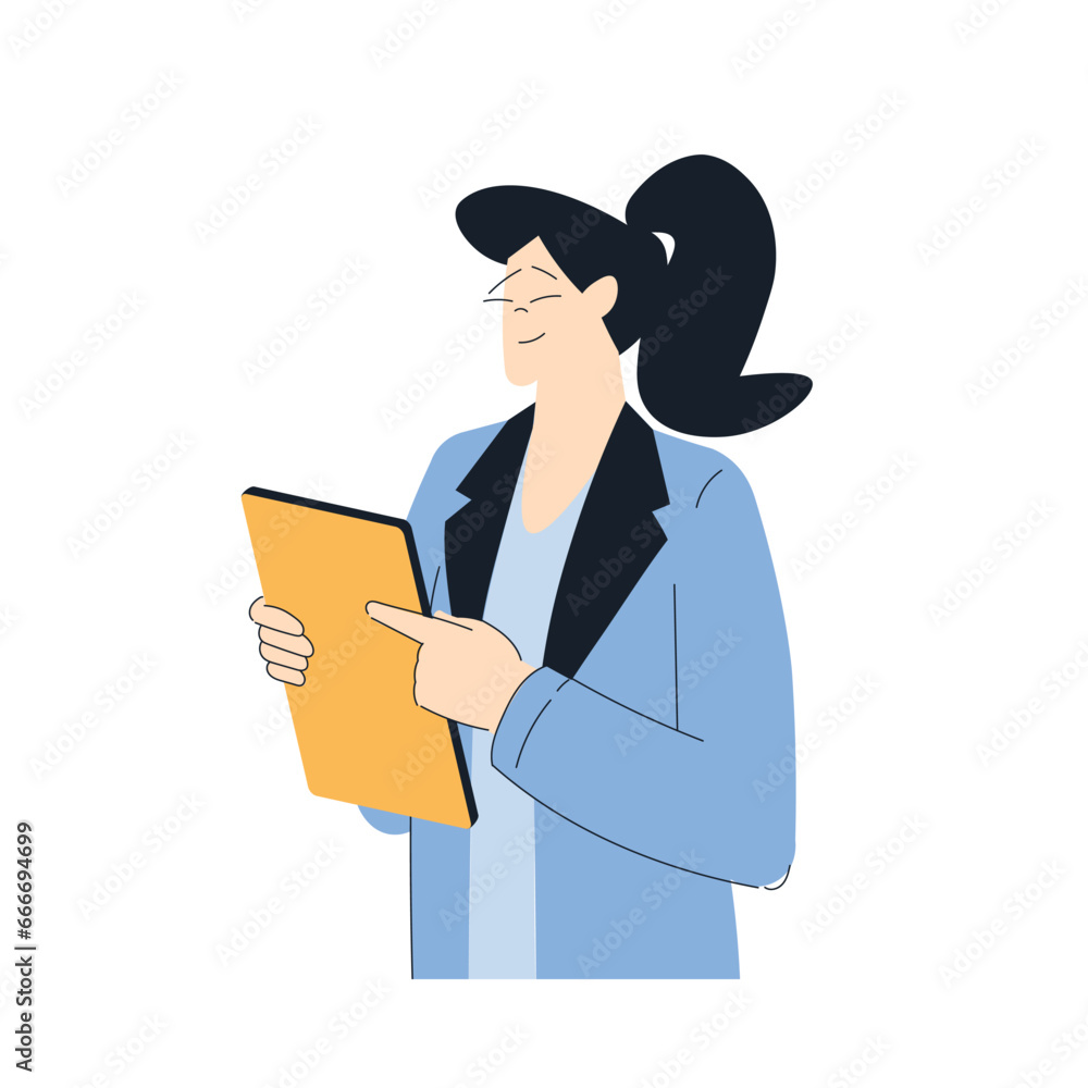 Business with Young Woman Character Standing with Tablet Vector Illustration Business with Young Woman Character Standing with Tablet Vector Illustration