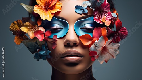 An abstract collage portrait of a young woman wearing flowers on her face that cover her eyes.