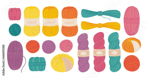 Set of different wool yarn balls and skeins. Knitting hobby. Flat style vector illustration