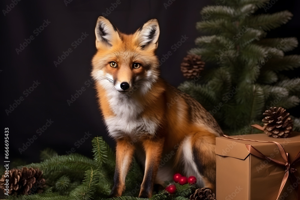 Fototapeta premium A fox in a Christmas setup. Studio portrait, winter festive season template.