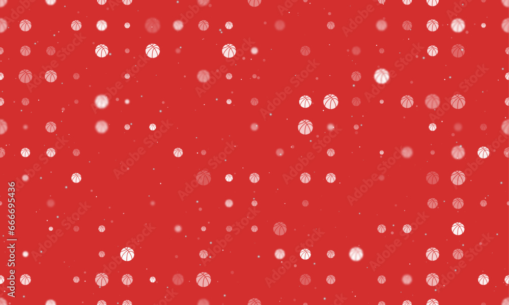 Seamless background pattern of evenly spaced white basketball symbols of different sizes and opacity. Vector illustration on red background with stars Seamless background pattern of evenly spaced white basketball symbols of different sizes and opacity. Vector illustration on red background with stars