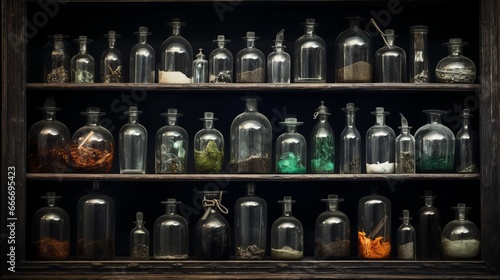 An alchemy concept can be achieved by filling an old shelf with bottles that are old and antique.