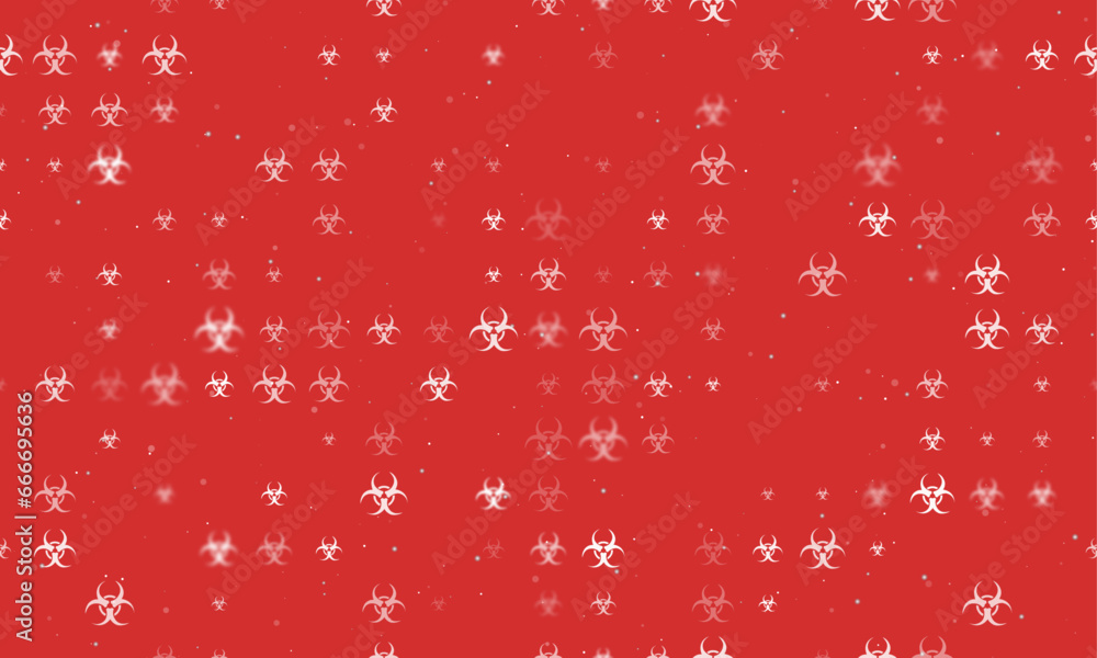 Seamless background pattern of evenly spaced white biohazard symbols of different sizes and opacity. Vector illustration on red background with stars Seamless background pattern of evenly spaced white biohazard symbols of different sizes and opacity. Vector illustration on red background with stars