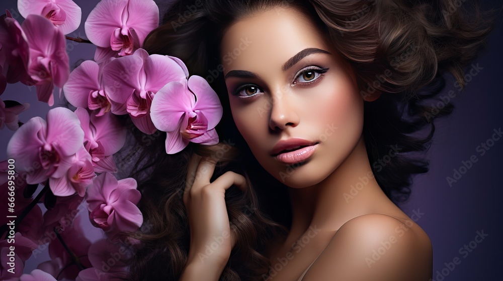Fototapeta premium An attractive woman with orchid flowers, a beauty model with perfect skin, and professional makeup. Fashion art.