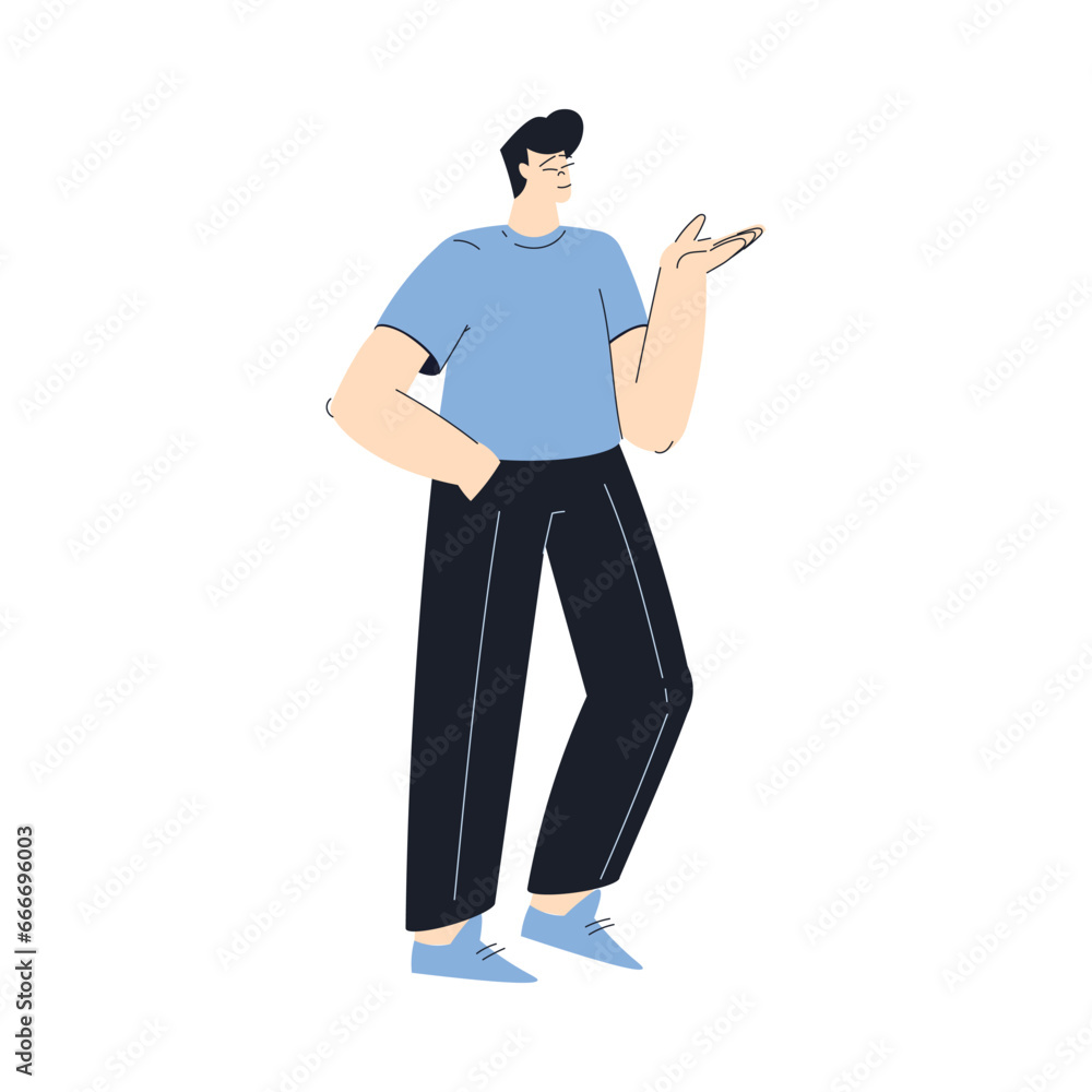 Young Man Character Standing Discuss Business Deal and Gesture Vector Illustration Young Man Character Standing Discuss Business Deal and Gesture Vector Illustration