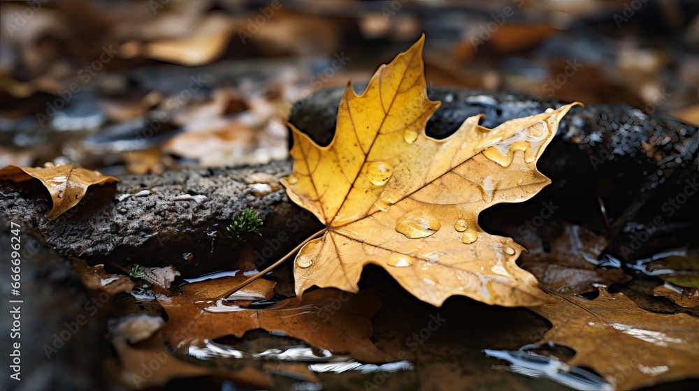 An image of a yellow and brown leaf that has fallen into a puddle of water as autumn progresses, along with other leaves. An image of a yellow and brown leaf that has fallen into a puddle of water as autumn progresses, along with other leaves.