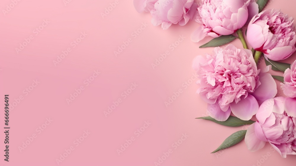 Spring peony flowers on pink pastel background.Generative AI
