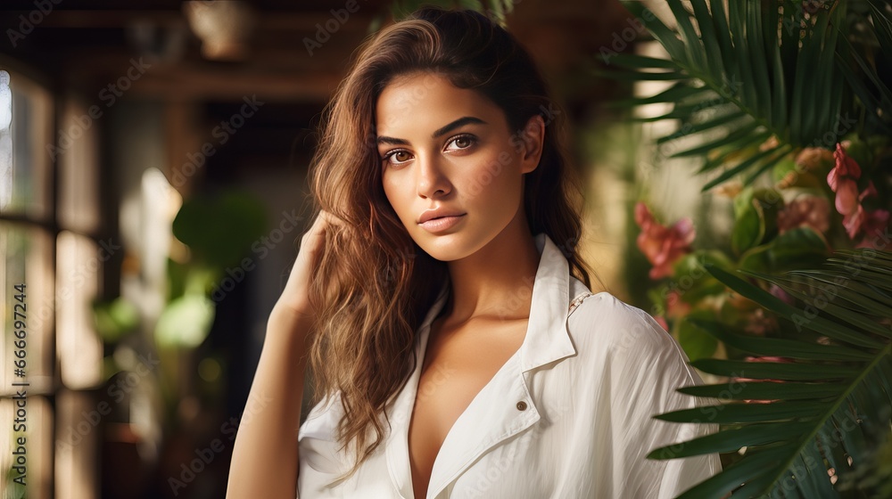 A beautiful woman fashion model with brunette hair and tanned skin wears white overalls, button suits, sandals, high heels, accessory bags, and clothes in a style of travel safari. A beautiful woman fashion model with brunette hair and tanned skin wears white overalls, button suits, sandals, high heels, accessory bags, and clothes in a style of travel safari.