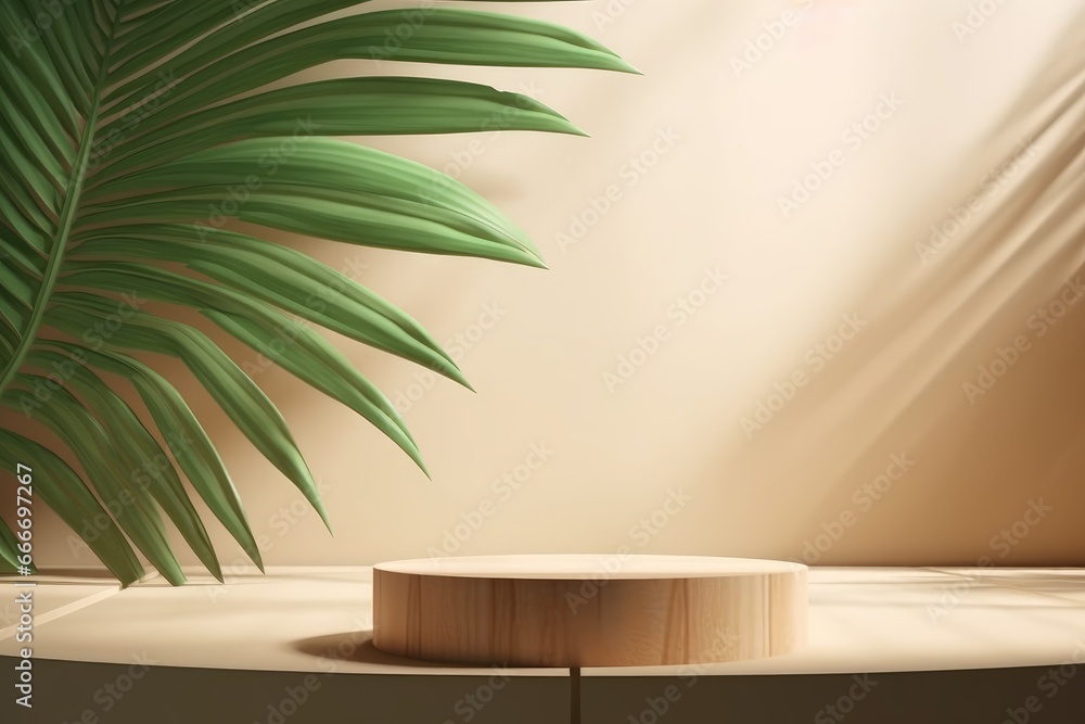 Wooden round smooth grain podium table curved green tropical plant Wooden round smooth grain podium table curved green tropical plant