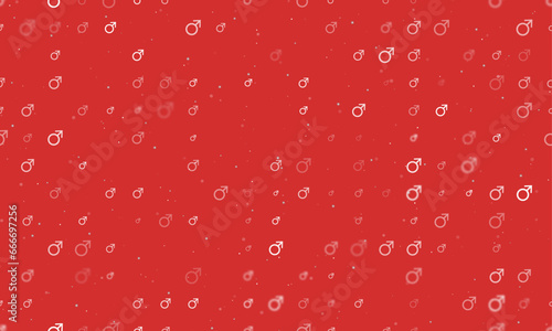Seamless background pattern of evenly spaced white mars symbols of different sizes and opacity. Vector illustration on red background with stars