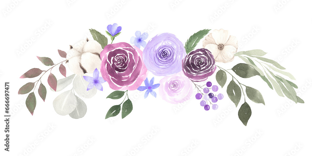 Fototapeta premium Set of hand painted watercolor purple flowers