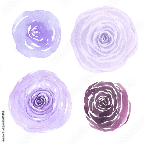 Set of hand painted watercolor purple flowers