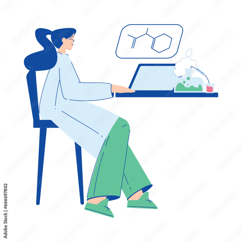 Chemistry with Woman Scientist Character Sitting with Laptop at Desk Vector Illustration Chemistry with Woman Scientist Character Sitting with Laptop at Desk Vector Illustration