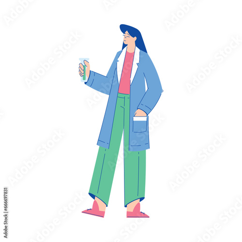 Chemistry with Woman Scientist Character Standing with Glass Flask Vector Illustration