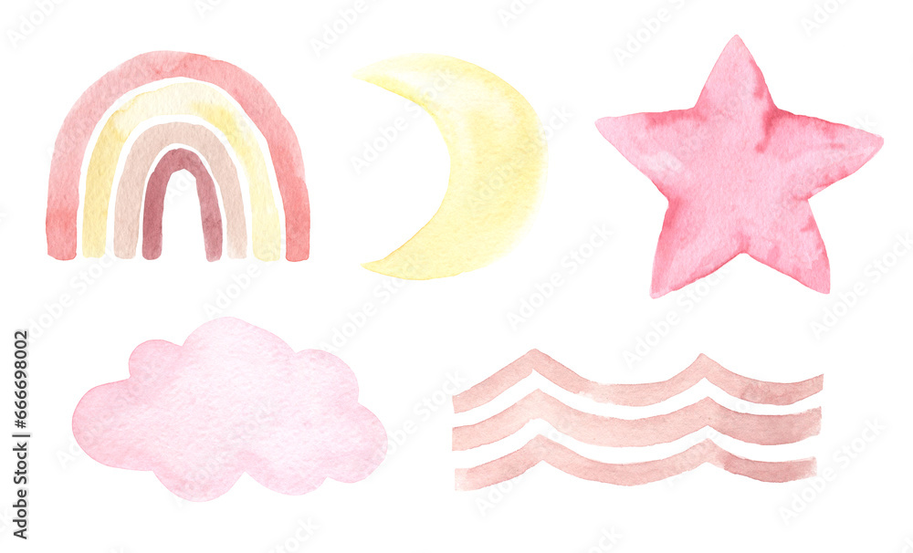 Obraz premium Watercolor aesthetic rainbow and moon in warm pastel colors