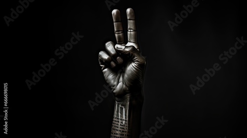 Hand raised with victory sign on a dark background