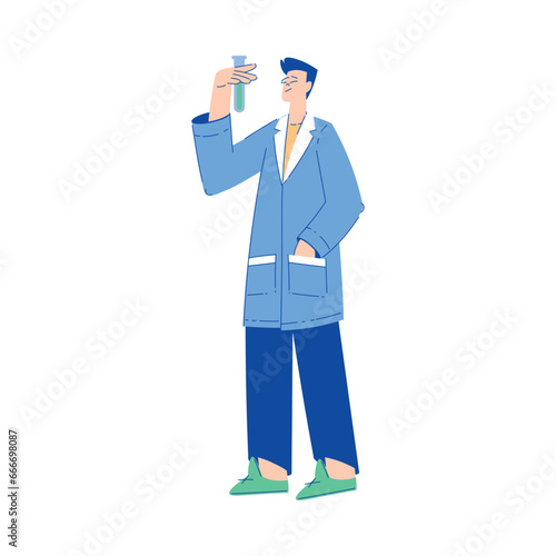 Chemistry with Man Scientist Character Standing with Glass Flask Vector Illustration