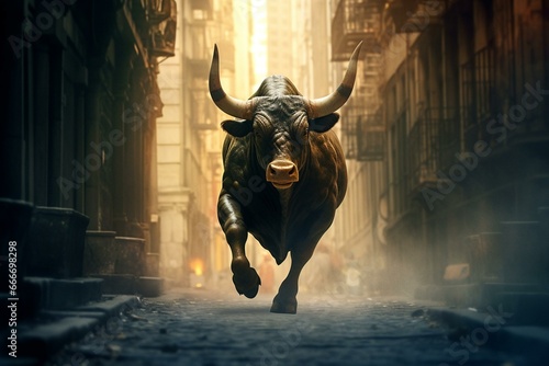 A powerful bull charges through a narrow street, reflecting strong determination and representing the business and stock market. Generative AI