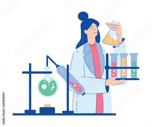 Chemistry with Woman Scientist Character with Glass Flask and Tube Vector Illustration