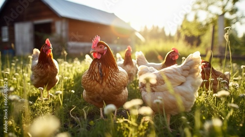 Chicken grazing in the meadow
 photo