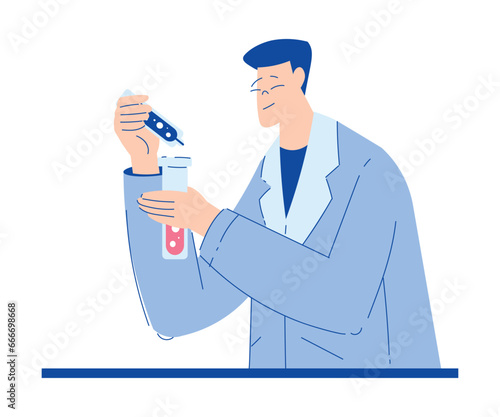 Chemistry with Man Scientist Character with Glass Tube Vector Illustration