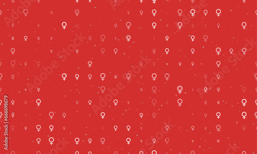 Seamless background pattern of evenly spaced white venus symbols of different sizes and opacity. Vector illustration on red background with stars