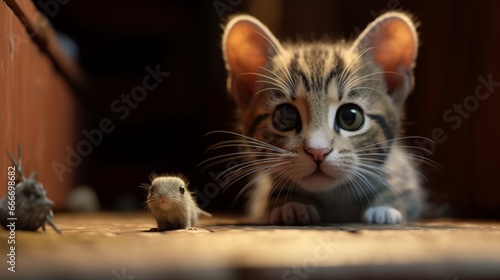 The cute kitty is looking at the mouse.Generative AI © shuvodesign