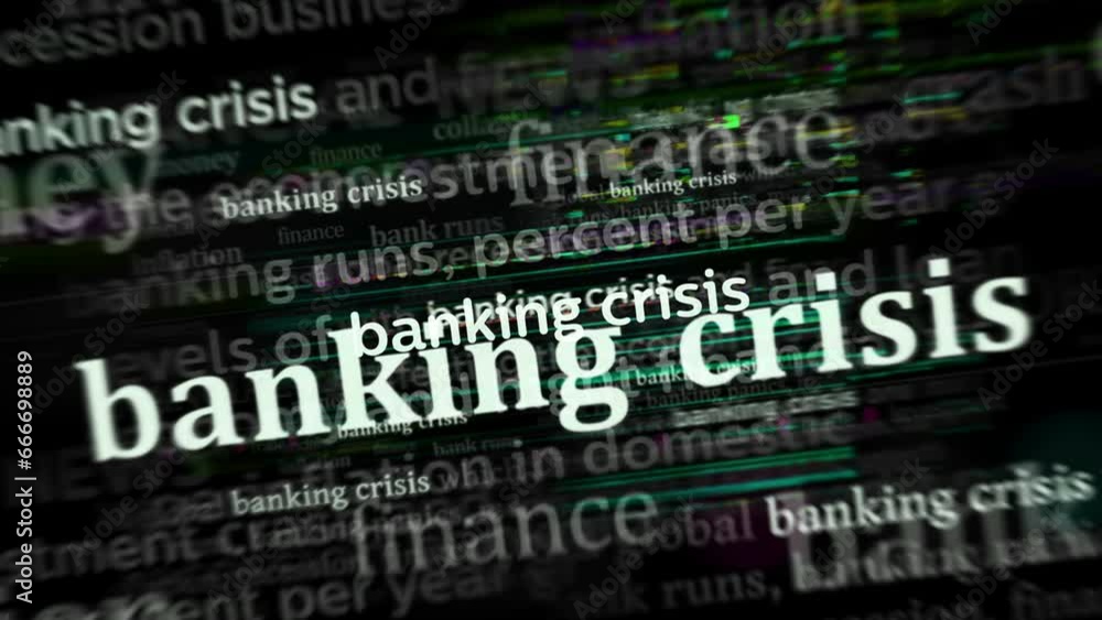 Banking crisis inflation recession and economy collapse headline news across international media. Abstract concept of news titles on noise displays loop. TV glitch effect seamless and looped. Banking crisis inflation recession and economy collapse headline news across international media. Abstract concept of news titles on noise displays loop. TV glitch effect seamless and looped.