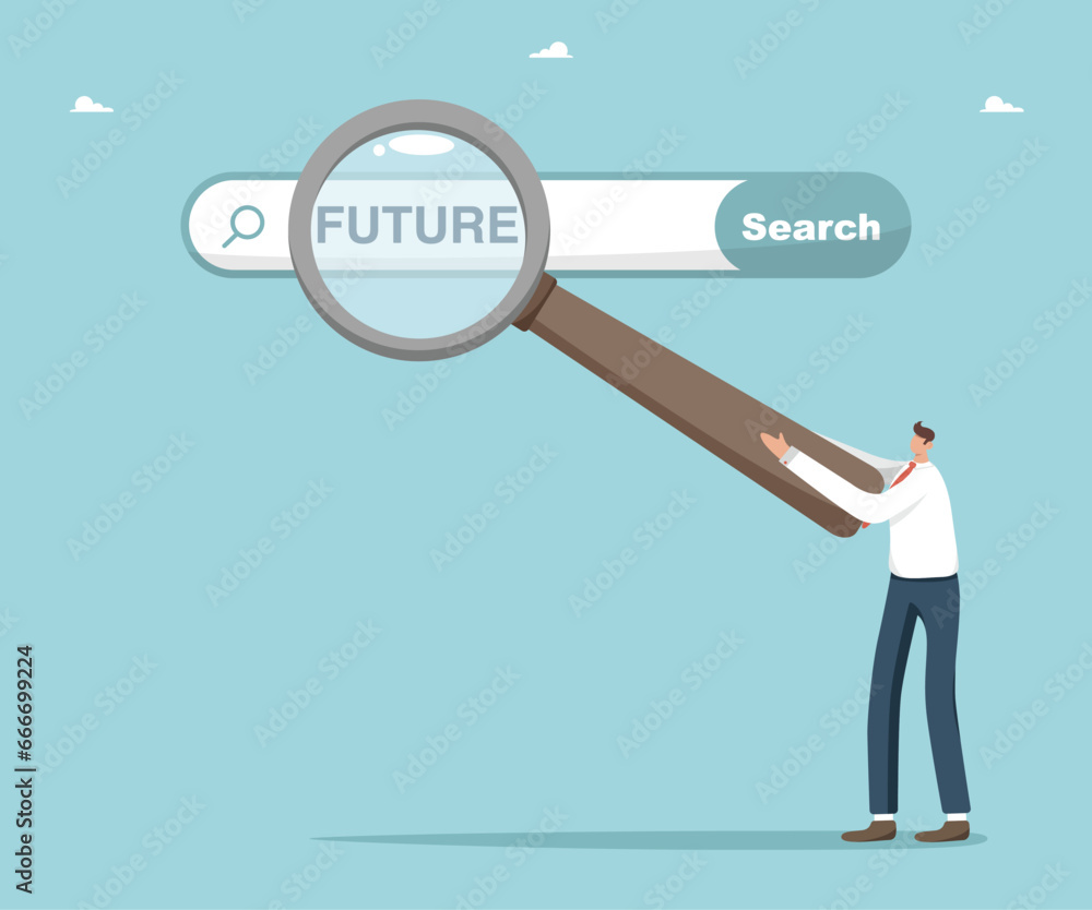 Finding ways to achieve goals, strategic planning, searching for necessary information to understand the future direction of development, man points with magnifying glass at search bar with future. Finding ways to achieve goals, strategic planning, searching for necessary information to understand the future direction of development, man points with magnifying glass at search bar with future.