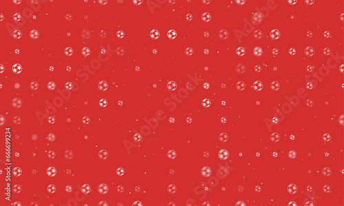 Seamless background pattern of evenly spaced white football symbols of different sizes and opacity. Vector illustration on red background with stars