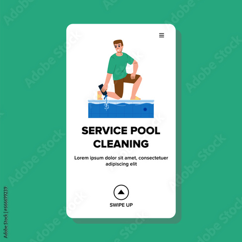 summer service pool cleaning vector. web flat, summer blue, work brush summer service pool cleaning web flat cartoon illustration