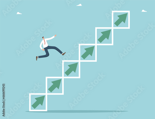 Planning to achieve goals, winning strategy to defeat competitor, methods and ways to move up career ladder, achieving heights through hard work, growth and progress, man running up the planning steps