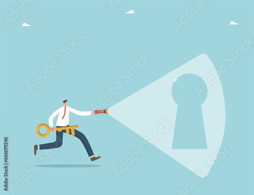 Find way out of difficult situation or solution to problem, secret key to achieve heights in business, motivation to discover new opportunities, man runs and shines flashlight on keyhole.