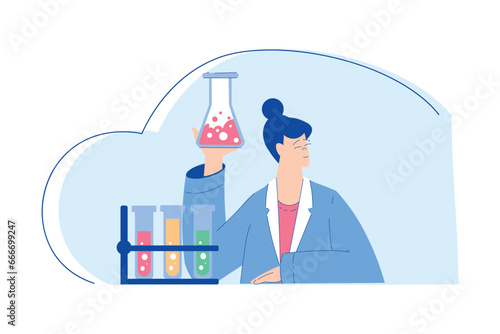 Chemistry with Woman Scientist Character with Glass Tube Vector Illustration